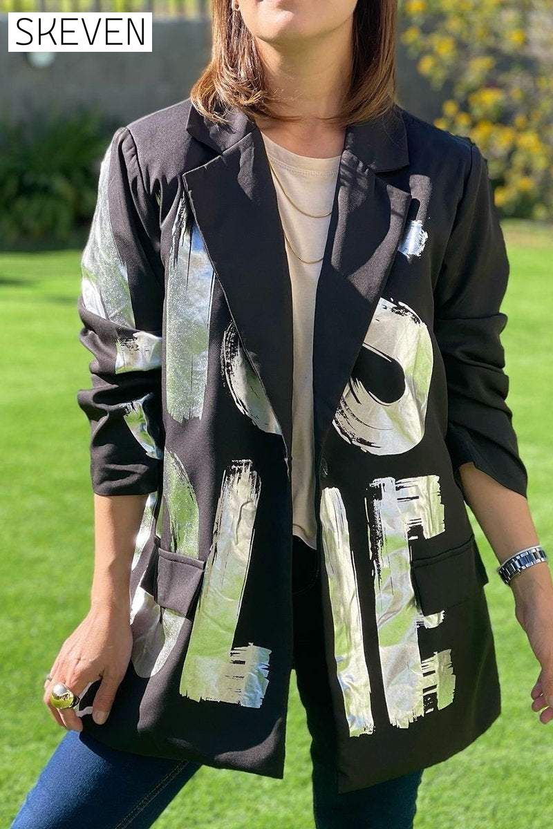 Women's Spring-fall Letter-print Blazer with Lapel Blazers Coats Tops
