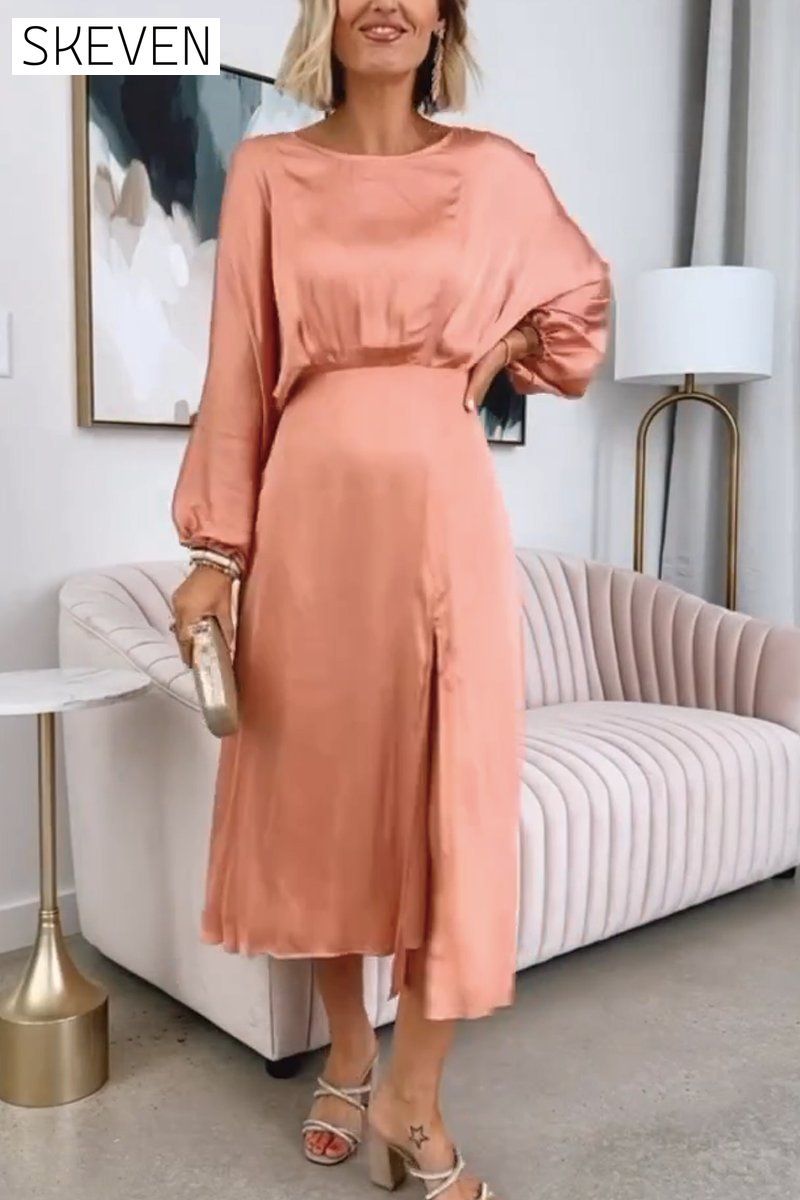 Women's solid color satin slit dress Dress
