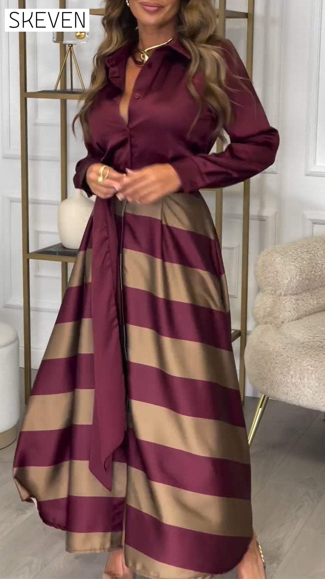 Women's Lapel Long Sleeve Striped Stitching Temperament Dress dress