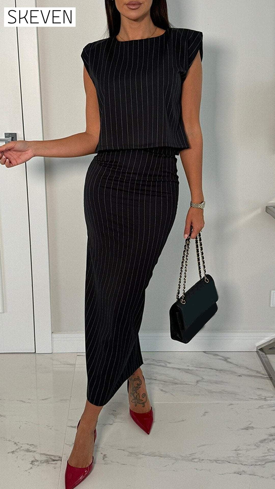 Women's Sleeveless Striped Elegant Commuter Suit Set