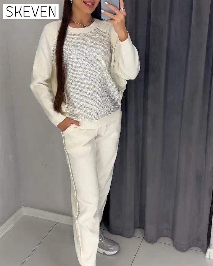 Women's Round Neck Long Sleeve Hot Diamond Casual Suit Sets Two piece sets