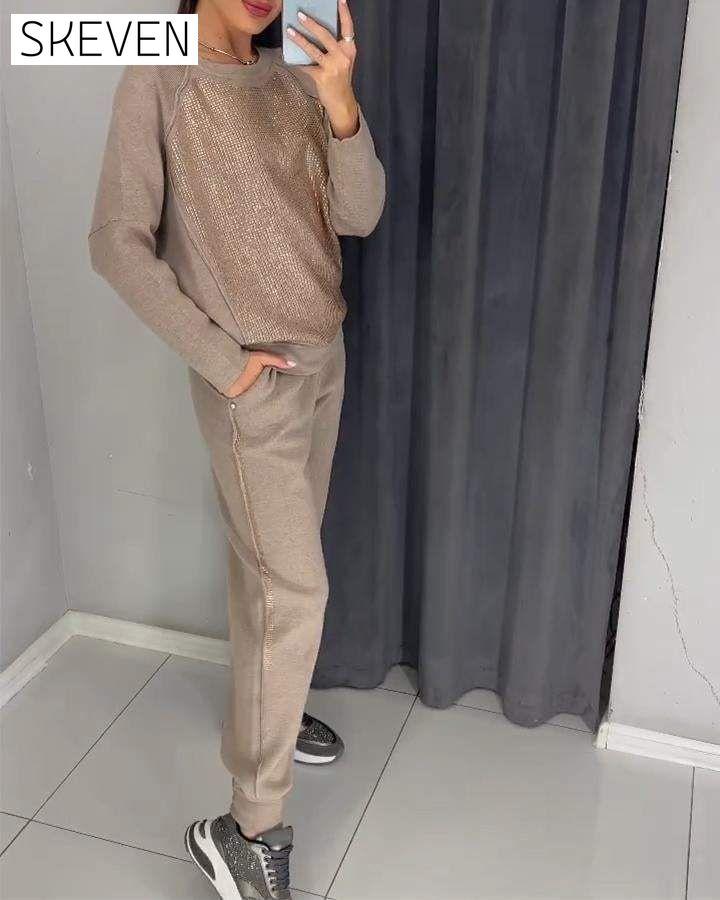 Women's Round Neck Long Sleeve Hot Diamond Casual Suit Sets Two piece sets