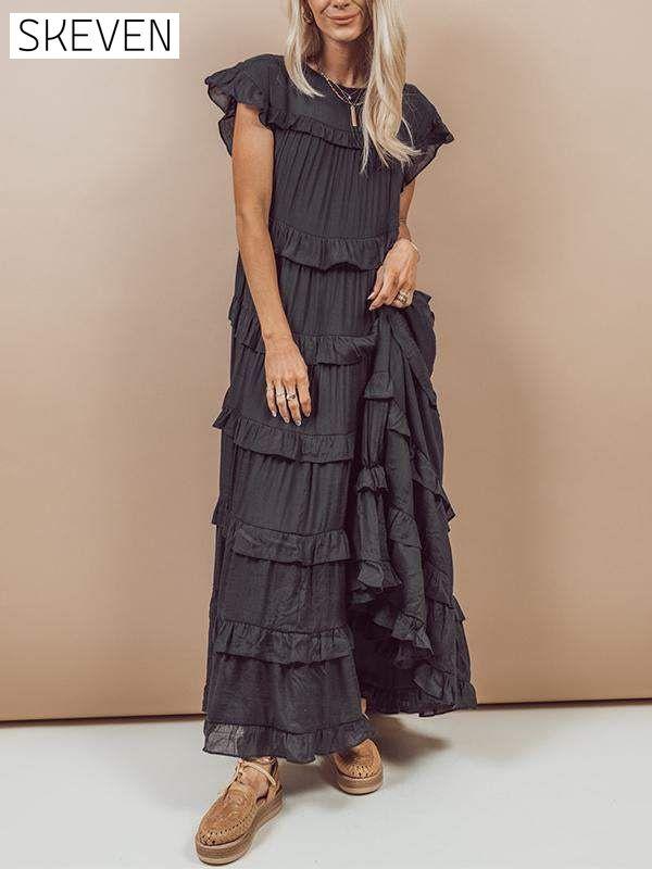 Women's Round Neck Solid Color Cap Sleeve Cake Dress Cotton Dress