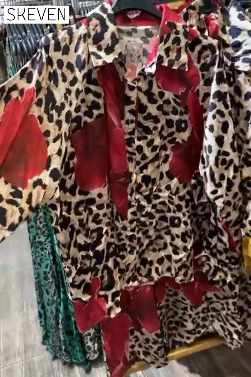 Women's V-neck Long-sleeved Leopard Print Two-piece Suit Sets Two Piece Suit