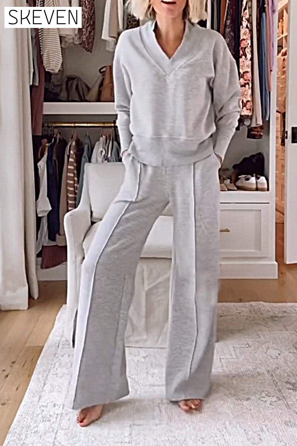 Women's Solid Color V-neck Top & Pants Two-piece Set Pant sets Set