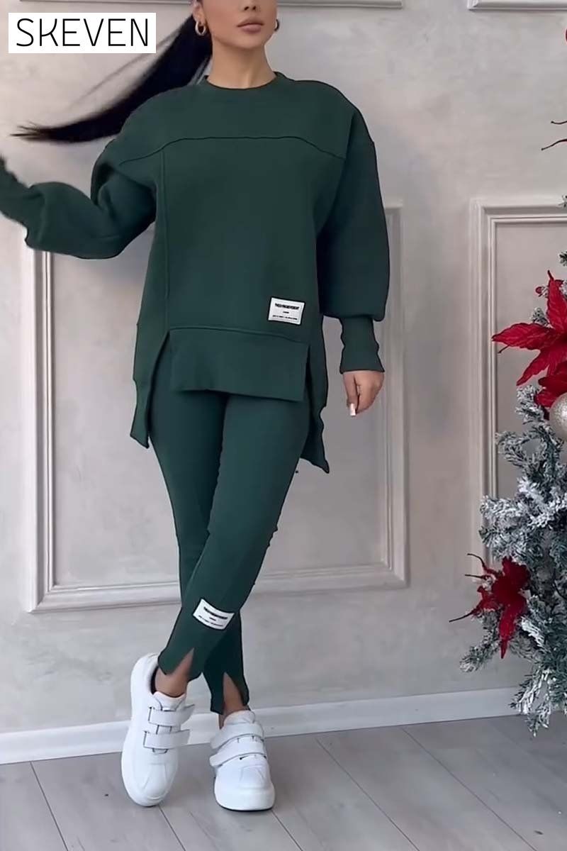 Women's Casual Solid Color Round Neck Long Sleeve Slit Hem Sweatshirt Leggings Set suit two-piece set