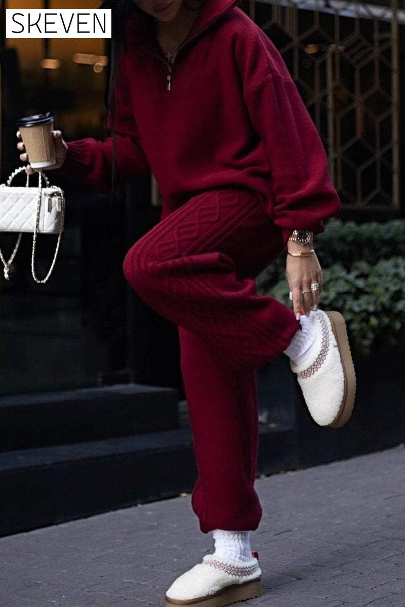 Women's Half-zip Lapel Knitted Casual Sweater Suit Set Two Piece Set
