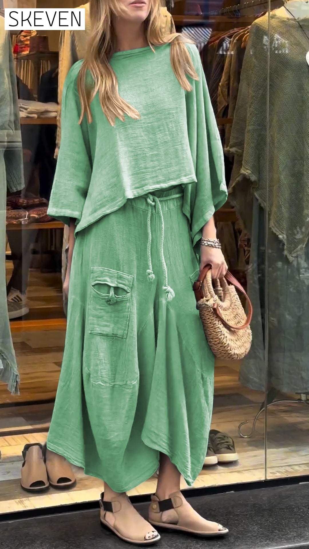 Women's Round Neck Mid-length Sleeve Casual Cotton and Linen Suit Suit