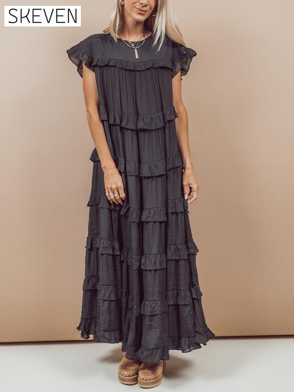 Women's Round Neck Solid Color Cap Sleeve Cake Dress Cotton Dress