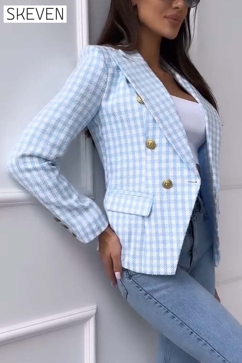 Women's Fashion Plaid Double Breasted Blazer Blazers Tops