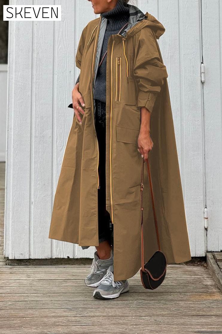 Women's Casual Solid Color Contrast Zipper Long Windbreaker Jacket Coats skirts Top