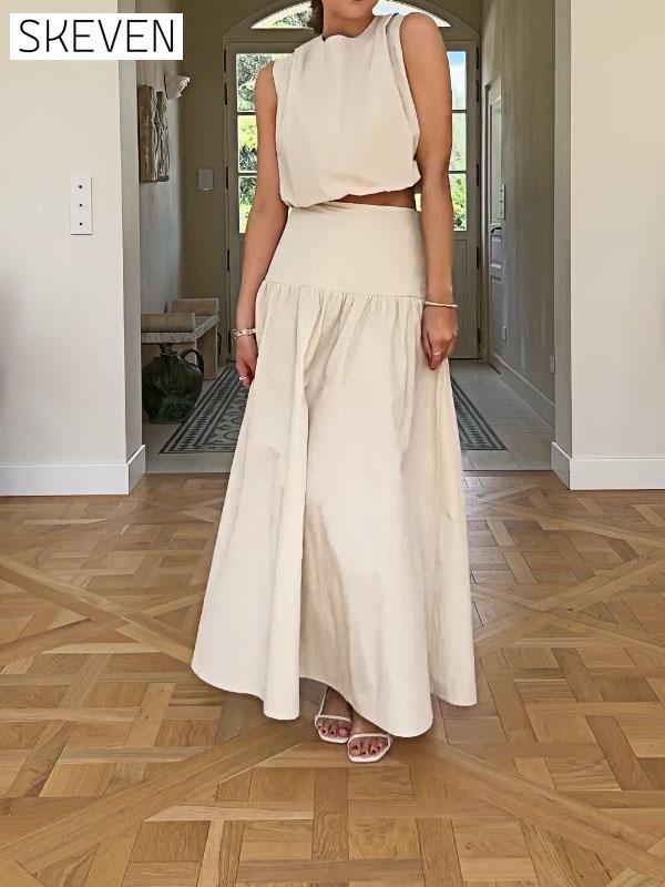 Women's Sports Solid Color Round Neck Top & - Skirt Set Set