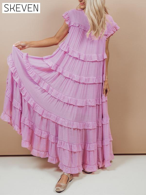 Women's Round Neck Solid Color Cap Sleeve Cake Dress Cotton Dress