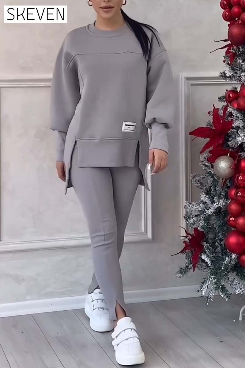 Women's Casual Solid Color Round Neck Long Sleeve Slit Hem Sweatshirt Leggings Set suit two-piece set