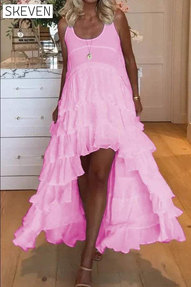 Women's cute short front and long back ruffle cake dress dress