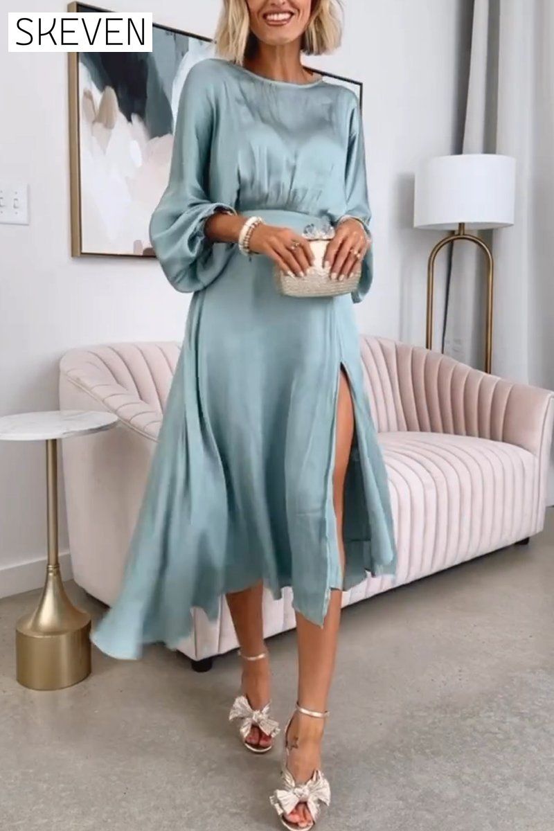 Women's solid color satin slit dress Dress