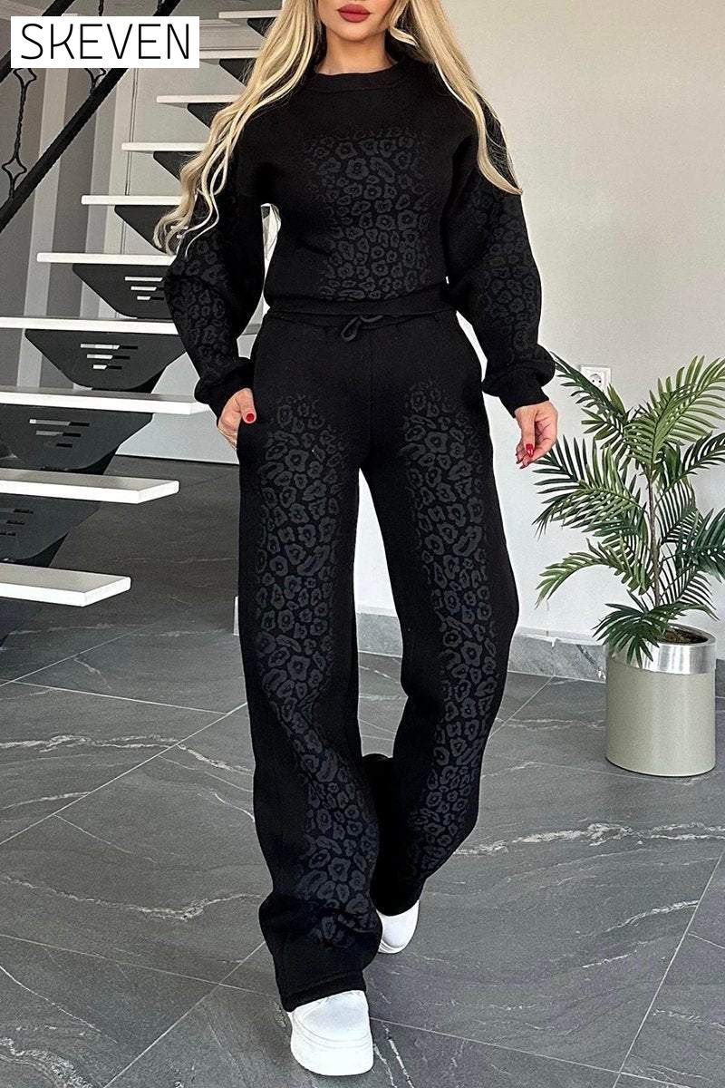 Women's Round Neck Opera Leopard Print Casual Sweatshirt Suit Sets Two piece sets