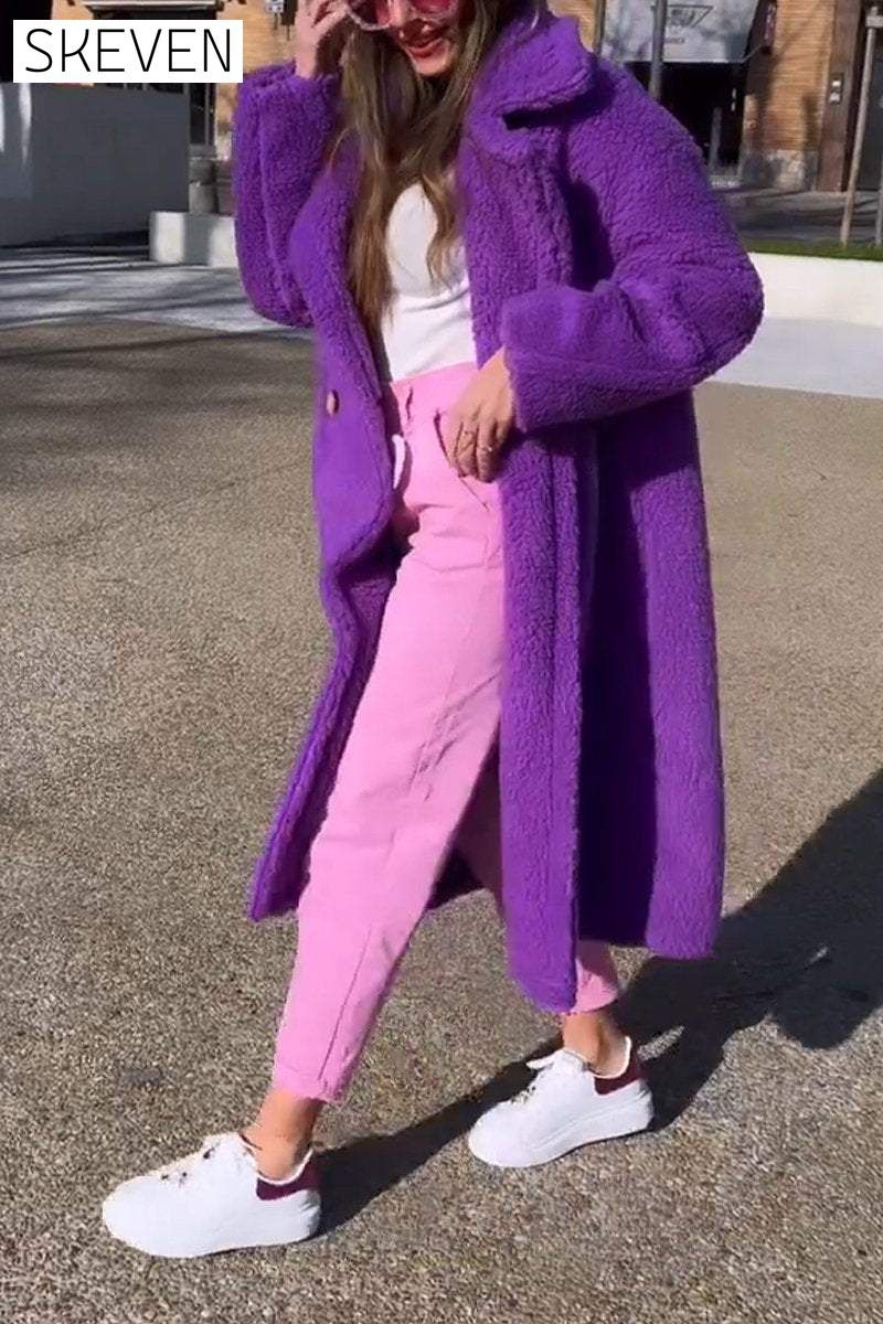 Women's Casual Lapel Long Fleece Coat Coats Cotton Top