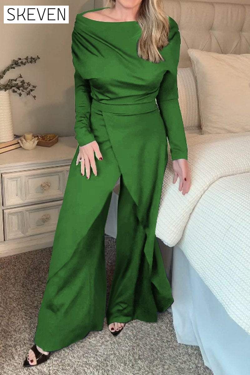 Women's One-shoulder Long-sleeved Split Design Temperament Jumpsuit Sets Two piece sets