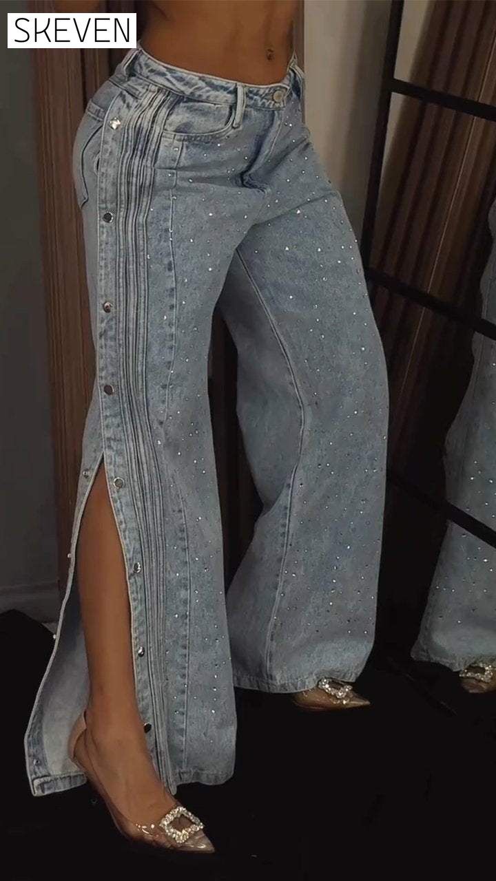 Jean à strass boutonné pour femme 