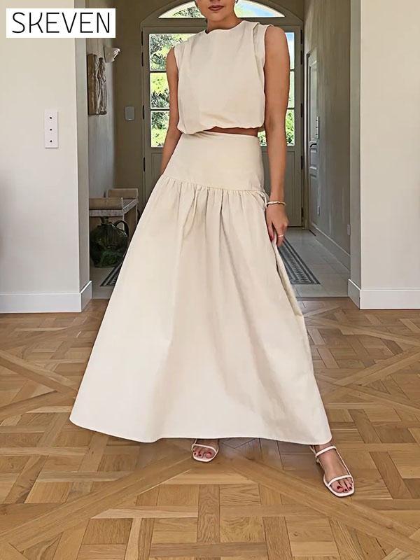 Women's Sports Solid Color Round Neck Top & - Skirt Set Set