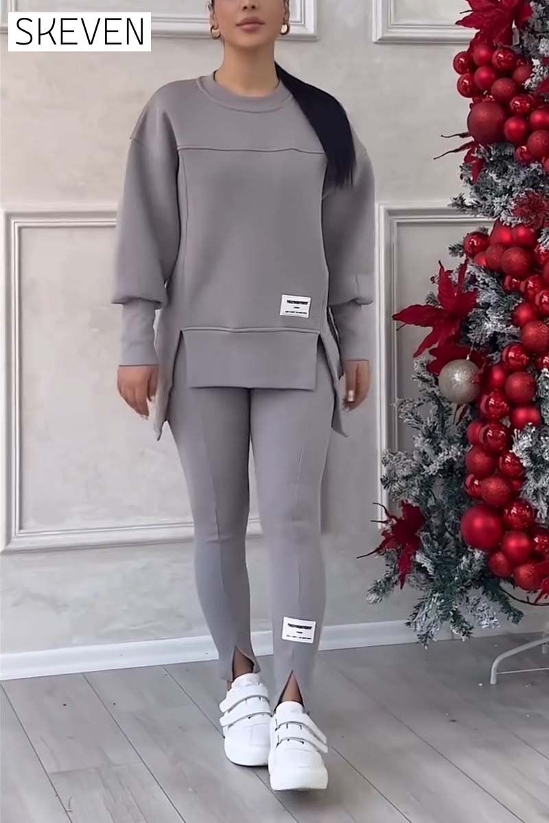 Women's Casual Solid Color Round Neck Long Sleeve Slit Hem Sweatshirt Leggings Set suit two-piece set