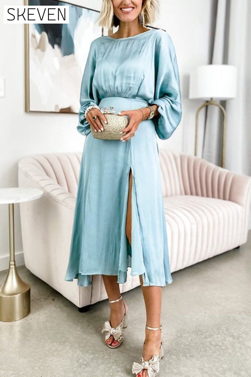 Women's solid color satin slit dress Dress