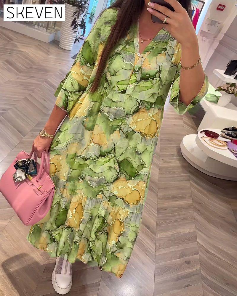 V-neck printed gentle loose dress