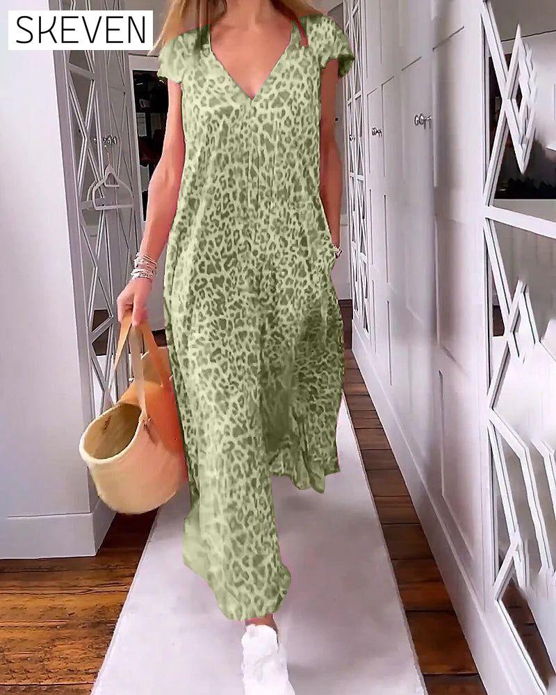 V-neck printed short-sleeved long dress Dark green 23BF Casual Dresses Clothes discount Dresses Summer