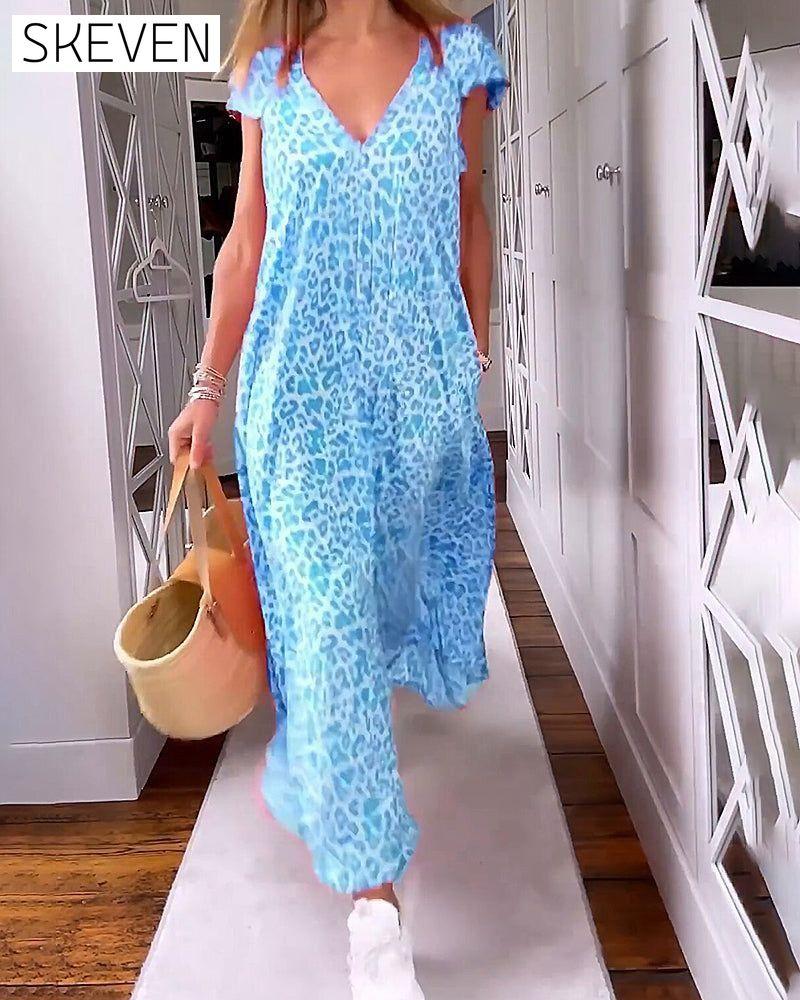 V-neck printed short-sleeved long dress Blue 23BF Casual Dresses Clothes discount Dresses Summer