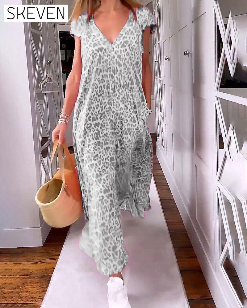 V-neck printed short-sleeved long dress Gray 23BF Casual Dresses Clothes discount Dresses Summer