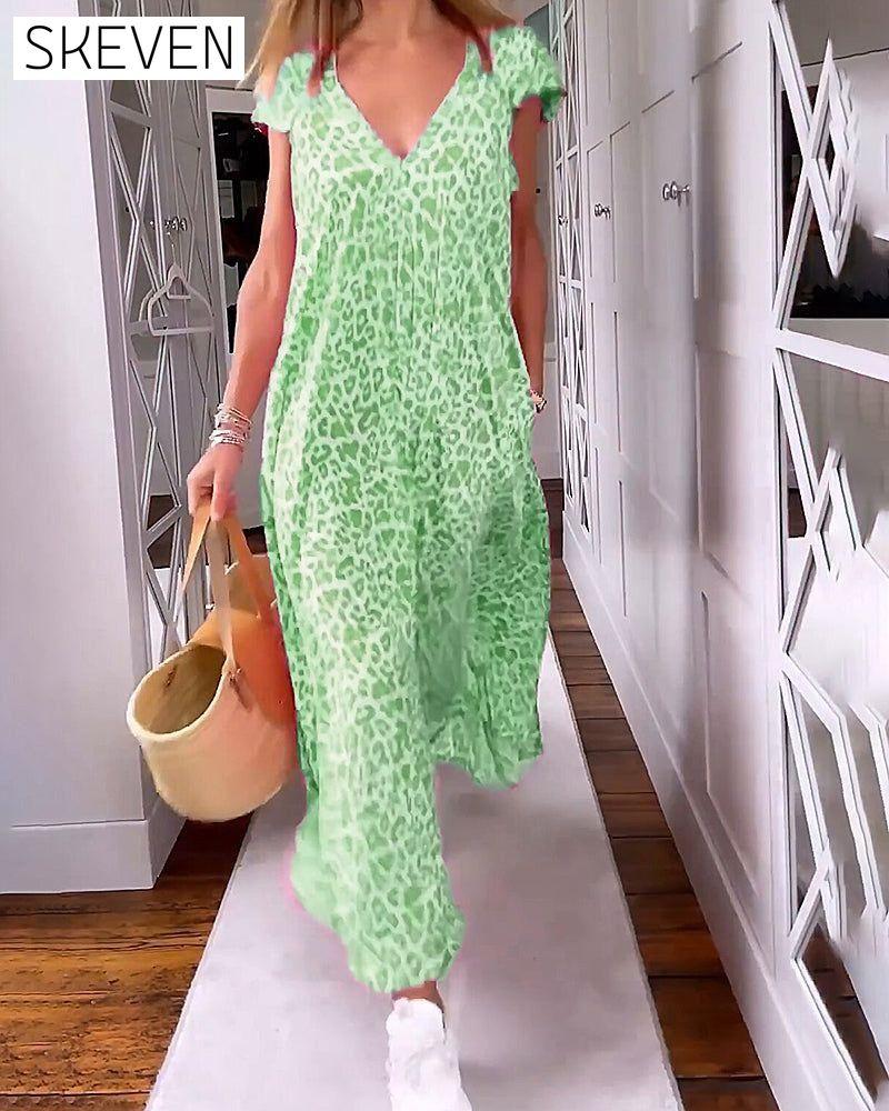 V-neck printed short-sleeved long dress Green 23BF Casual Dresses Clothes discount Dresses Summer