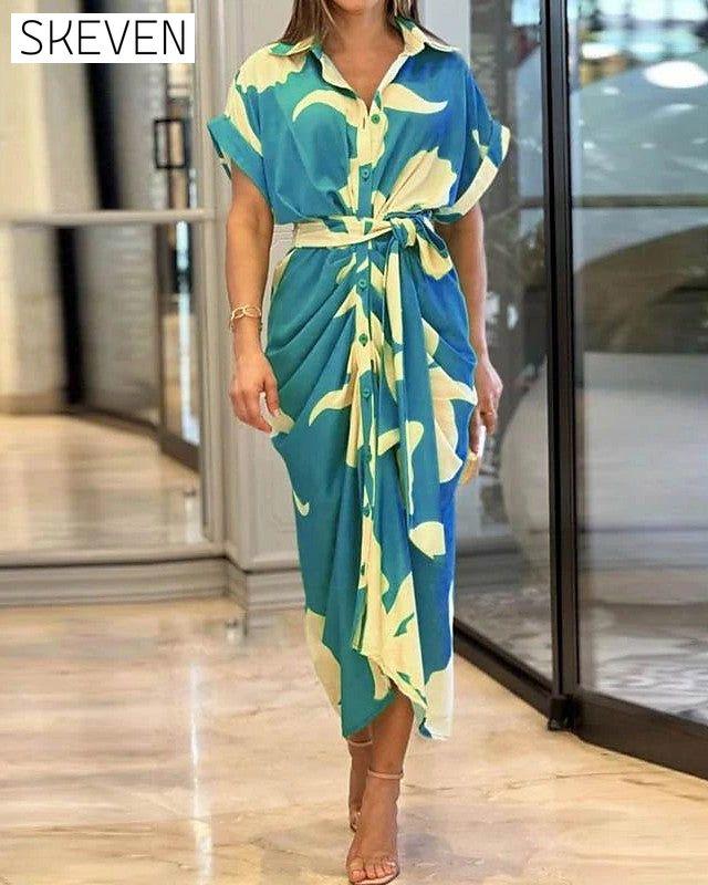 Printed shirt dress- Blue Casual Dresses discount Spring Summer