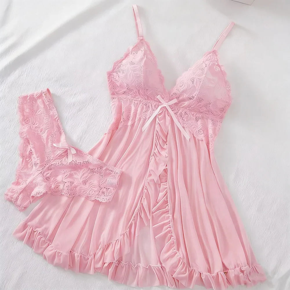 Chic Lace Sleepwear Set for Women in Pink
