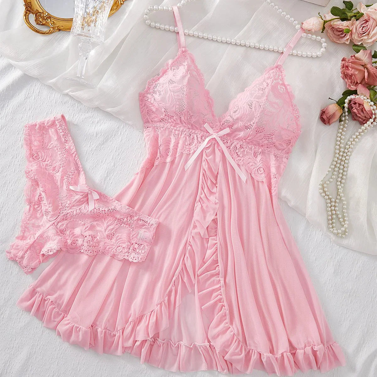 Chic Lace Sleepwear Set for Women in Pink