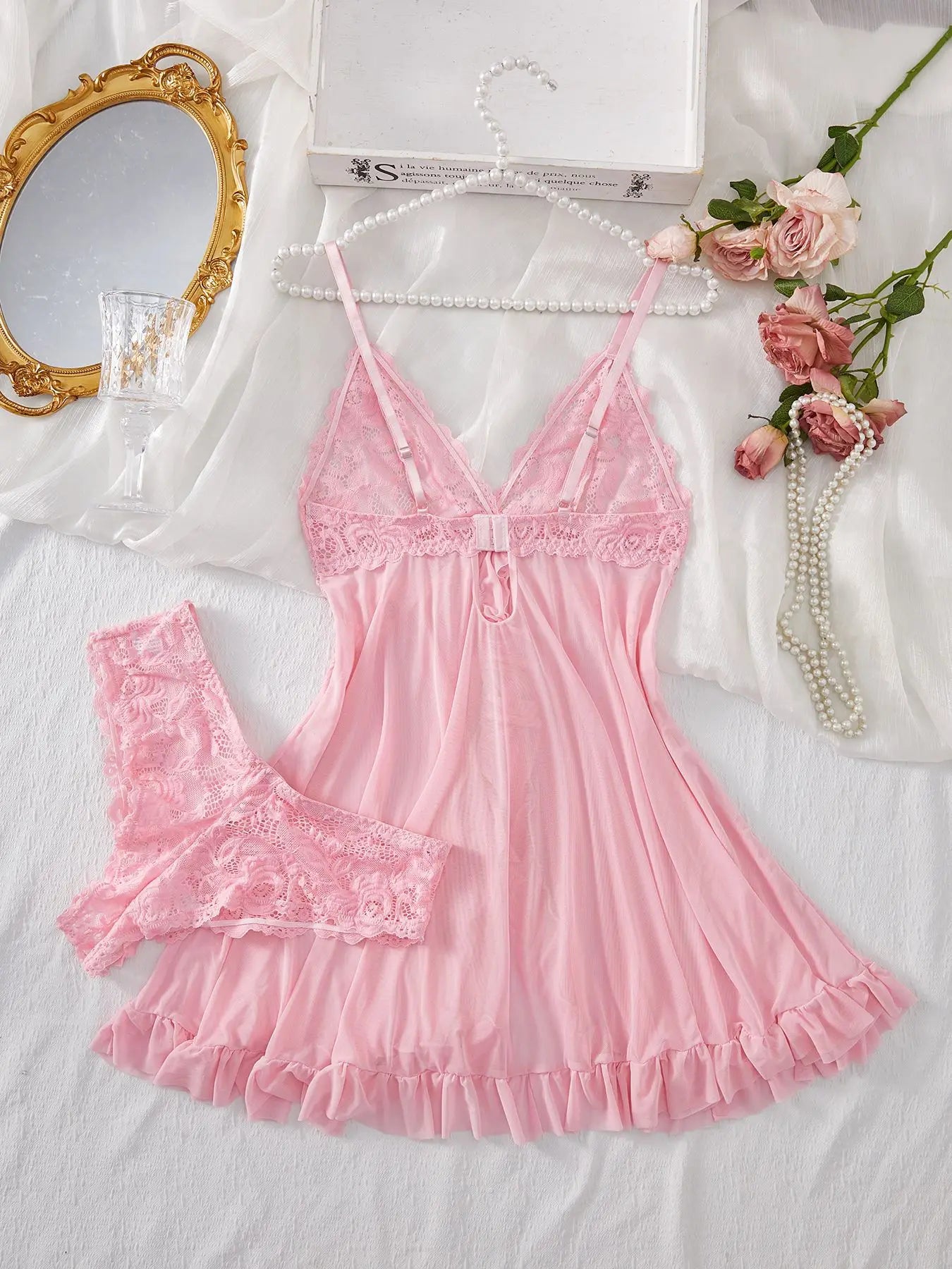 Chic Lace Sleepwear Set for Women in Pink