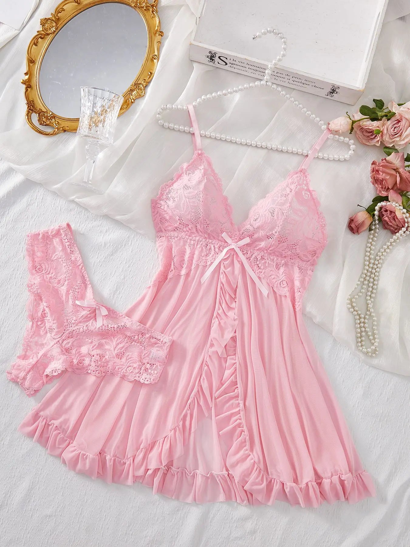 Chic Lace Sleepwear Set for Women in Pink