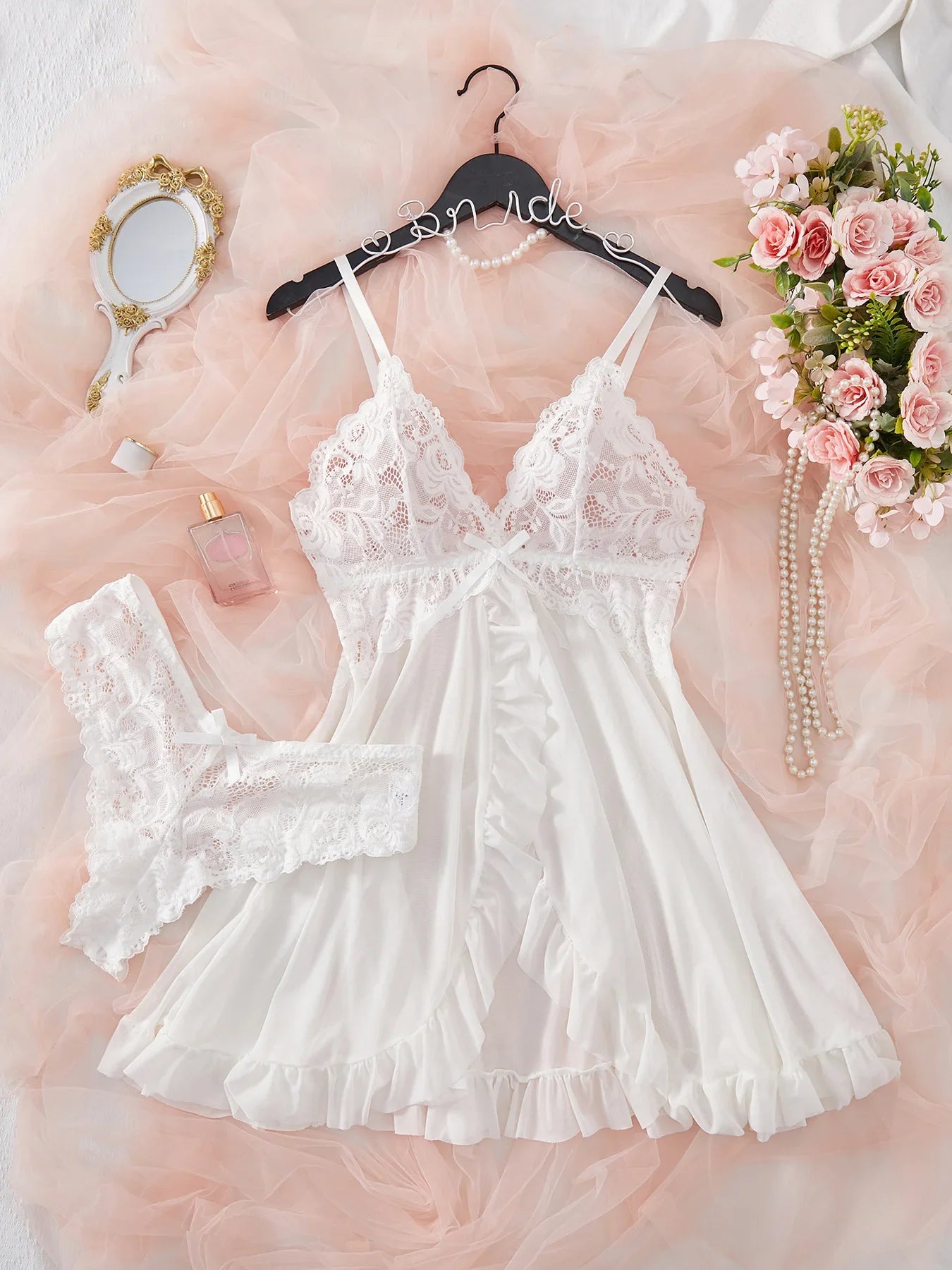 Chic Lace Sleepwear Set for Women in Pink