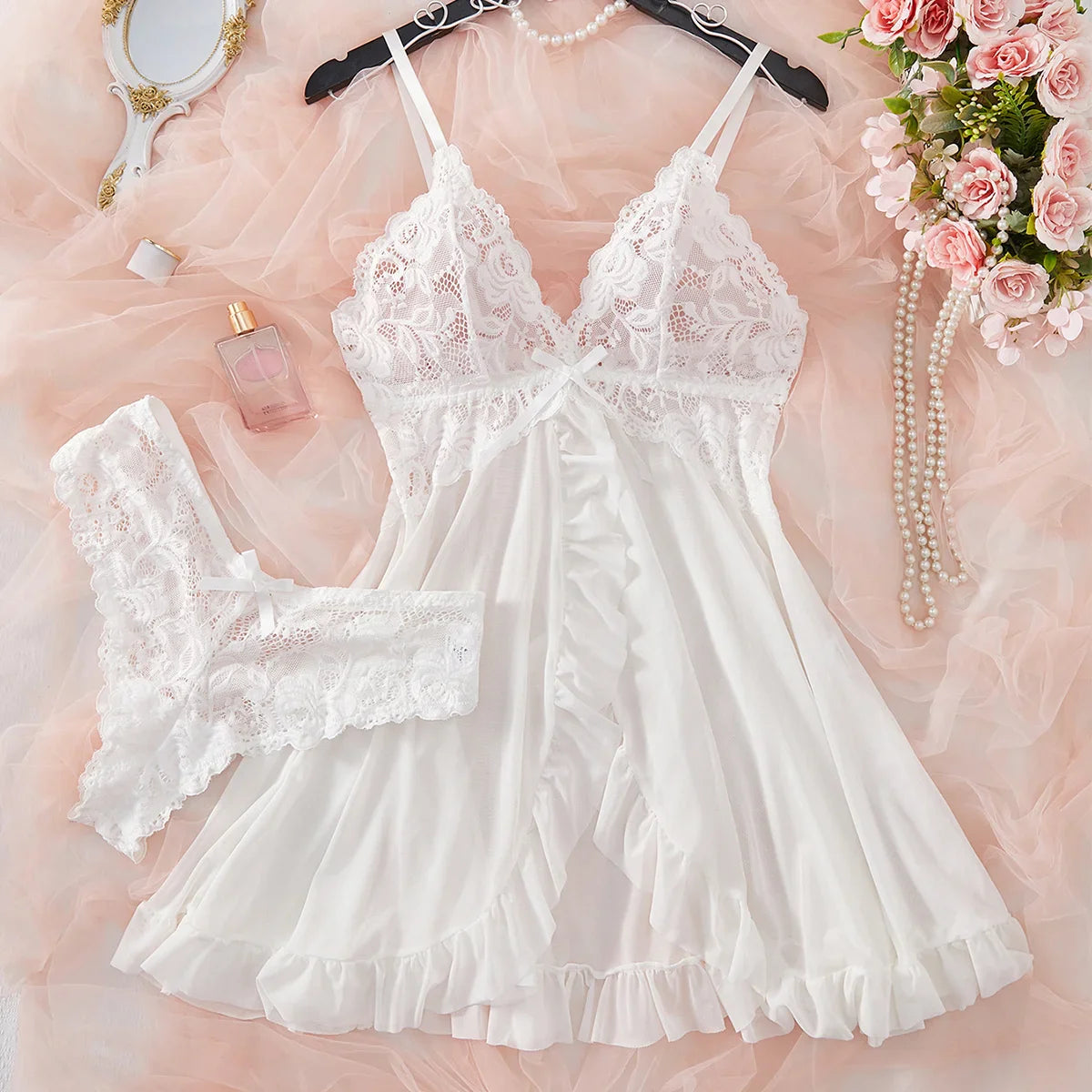 Chic Lace Sleepwear Set for Women in Pink