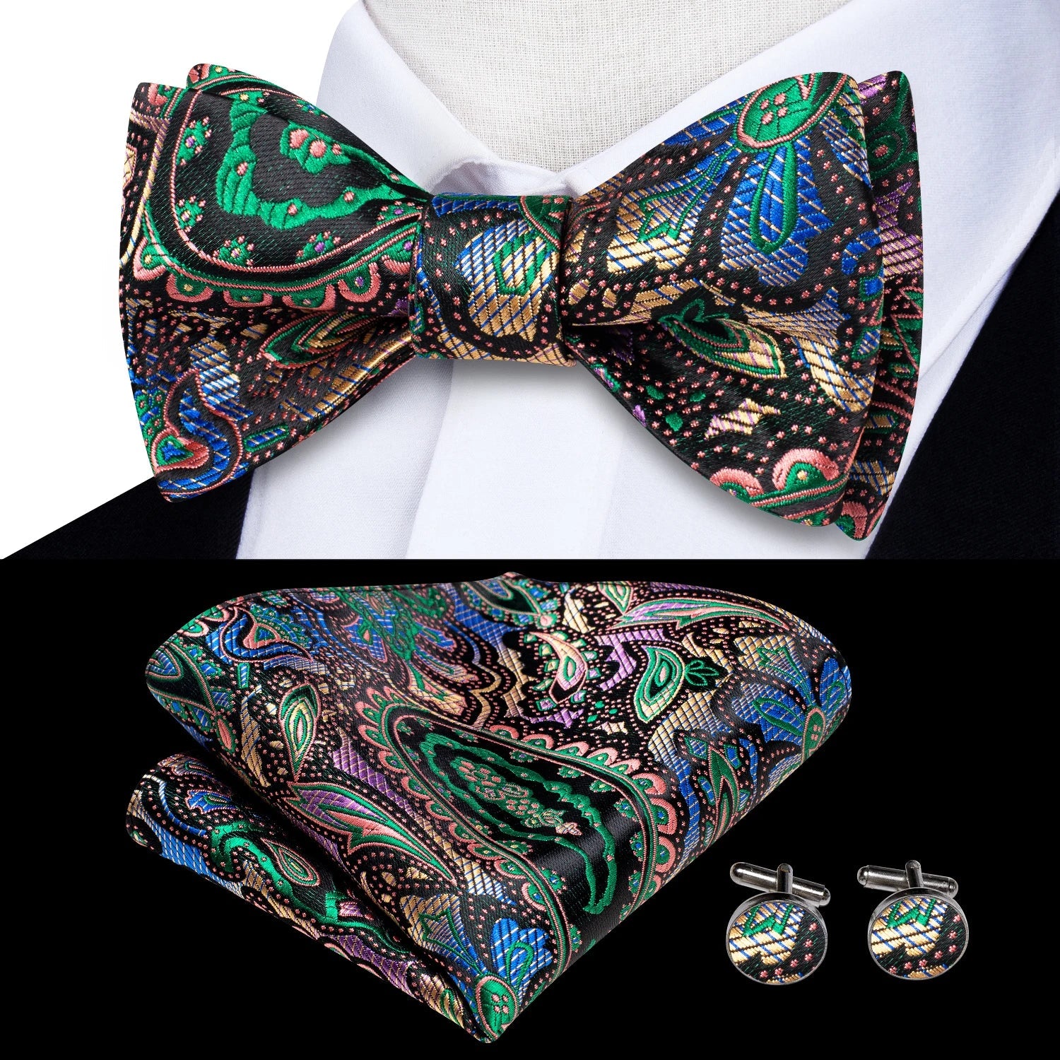 Elegant Mens Bow Tie Set with Cufflinks - Various Colors