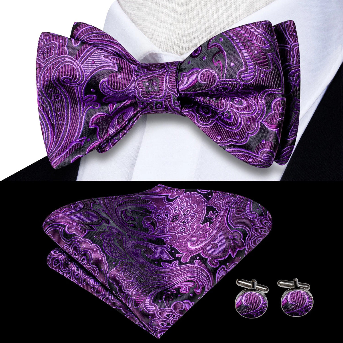 Elegant Mens Bow Tie Set with Cufflinks - Various Colors