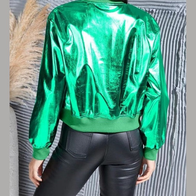 metallic bomber jacket - Silver Cropped Shine