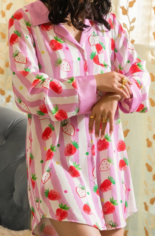 Women's Pink Strawberry Sleep Shirt for Travel Comfort