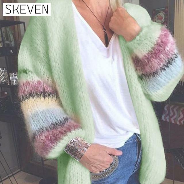 Elegant Striped Knitted Cardigan Green cardigan cardigans clothes tops