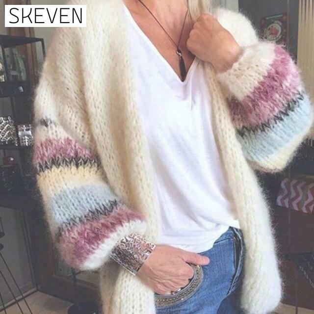 Elegant Striped Knitted Cardigan Beige cardigan cardigans clothes tops