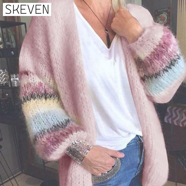 Elegant Striped Knitted Cardigan Pink cardigan cardigans clothes tops