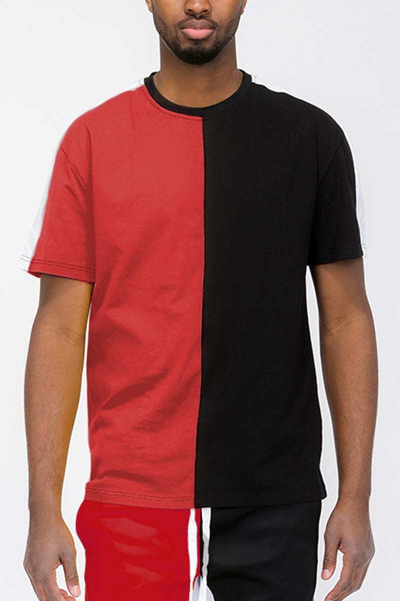 Two-Tone Split Side Stripe Cotton T-Shirt