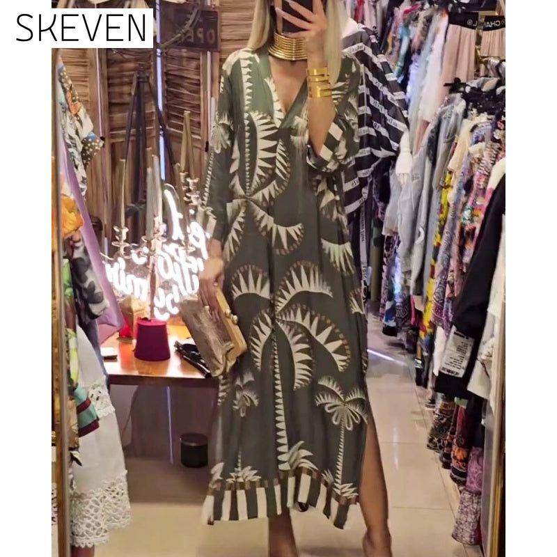Women's Vintage Coconut Tree Print Dress with 3/4 Sleeve & Split Hem Green