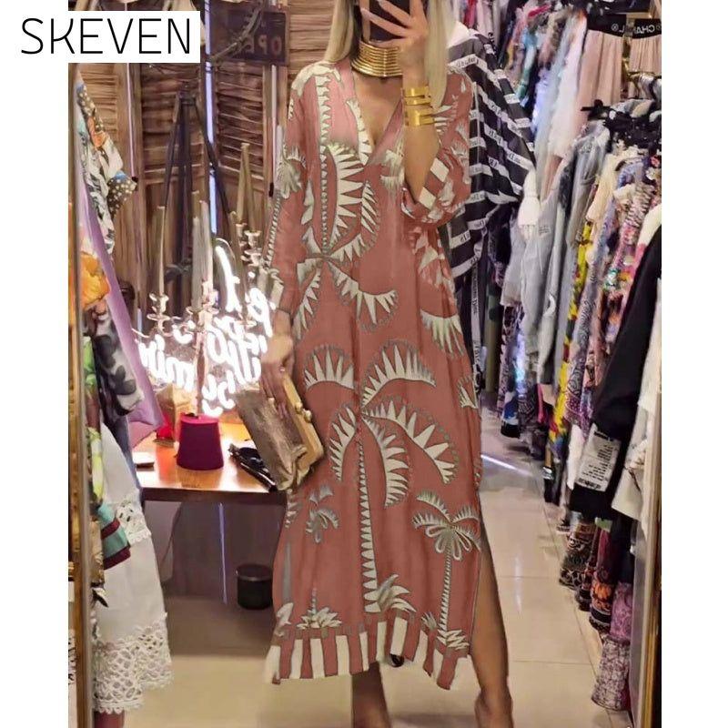 Women's Vintage Coconut Tree Print Dress with 3/4 Sleeve & Split Hem Pink