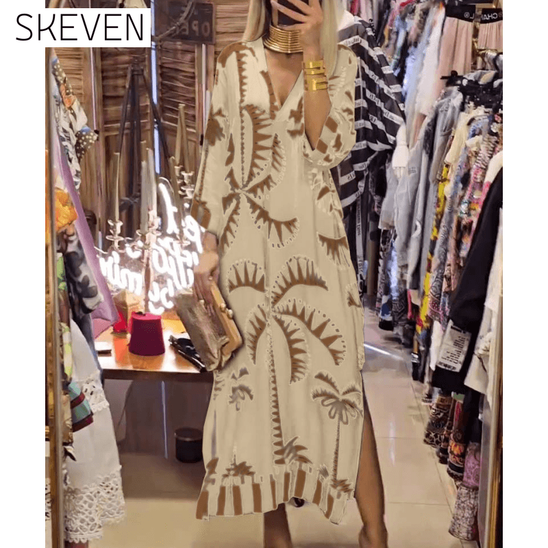 Women's Vintage Coconut Tree Print Dress with 3/4 Sleeve & Split Hem Khaki